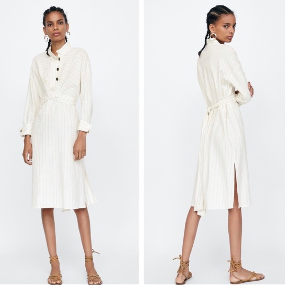 NWOT | ZARA Belted Linen Midi Dress | Cream with fine black pin strips | size XS